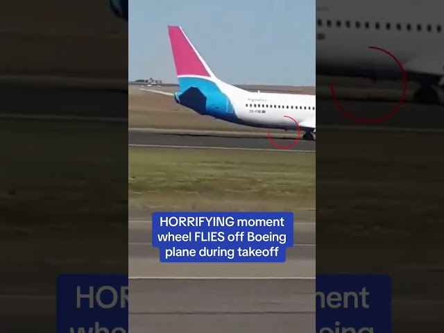Horrifying moment wheel FLIES off Boeing plane during takeoff