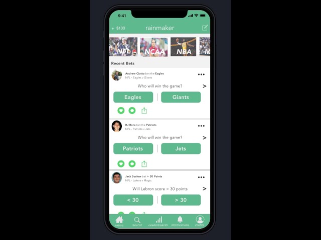 Rainmaker: a social sports betting app - Design Demo