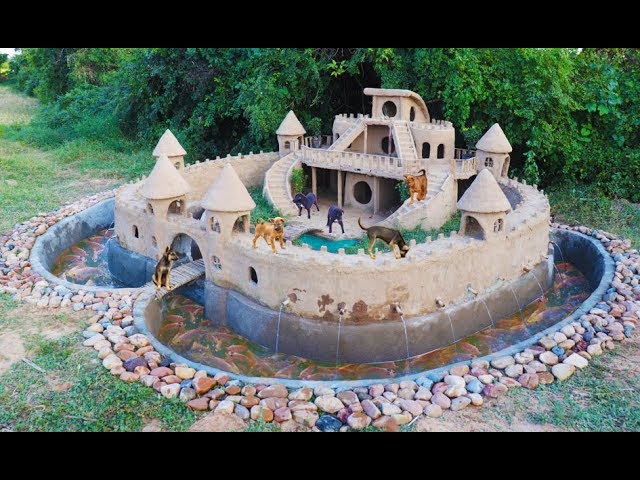 Build Beautiful Mud House Puppy & Fish Pond Around House Puppy   [ Full Video ]