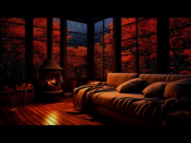 Autumn Rain at Night and Fireplace in a Cozy Attic Room - Relaxing Ambience for Sleep, Study, Relax
