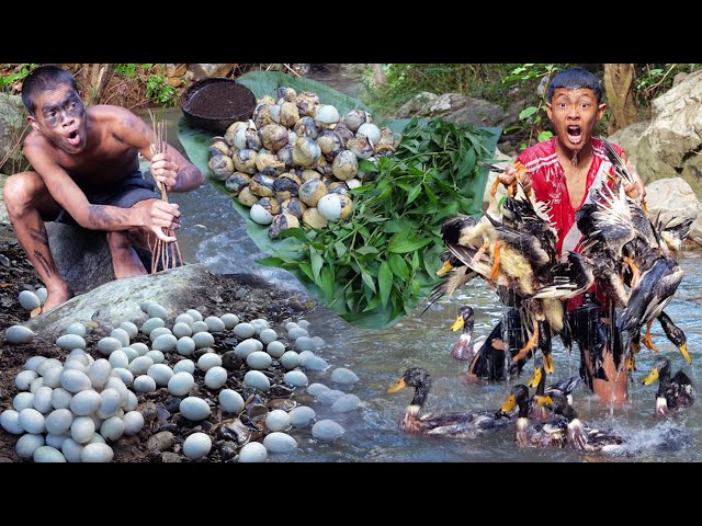 Meet All Duck At Water Fall & Cooking Egg Recipe | Primitive Technology