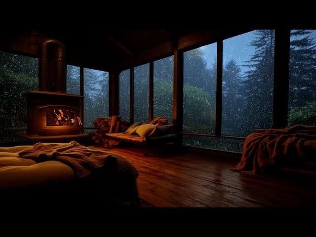 HEAVY RAIN and SOFT THUNDER sounds while sleeping | Cozy living room