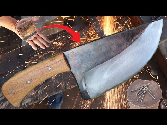 Knife Making - Forging A Powerful Cleaver From A Piece of Leaf Spring.