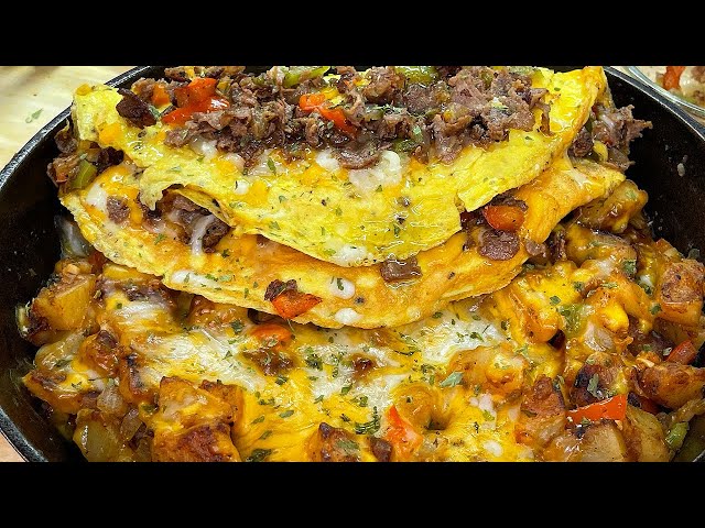 Cheesy Southwestern Hash And Steak  Omelette Recipe