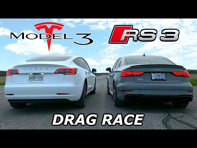 DRAG RACE - Audi RS3 vs Tesla Model 3 // Throttle House Track Series