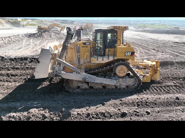Caterpillar D9T Bulldozer Ripping And Pushing Soil On Huge Coal Mining Site - 4k