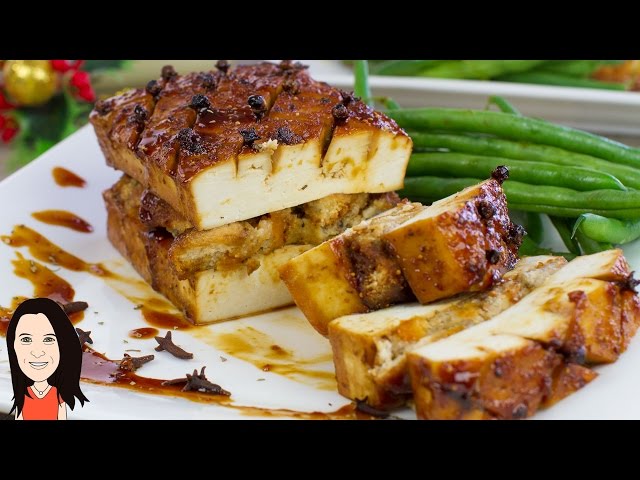 Maple Glazed Baked Tofu with No Cook Apricot Stuffing - Vegan Recipe Great for Christmas!