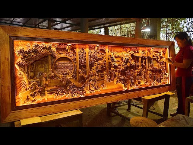 Tranh Gỗ Đẹp - Carving a Giant Wooden Painting of Asian Antiquity  -  combine lighting system