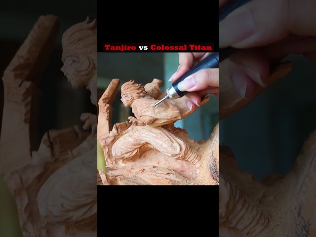 Wood carving: Tanjiro vs Colossal Titan #shorts