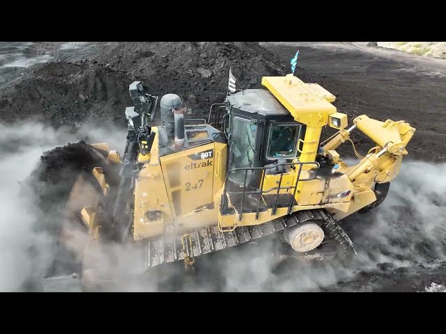 Aerial View Of Caterpillar D9T Bulldozer And Caterpillar 990 Wheel Loader Working In A Coal Mine -4k
