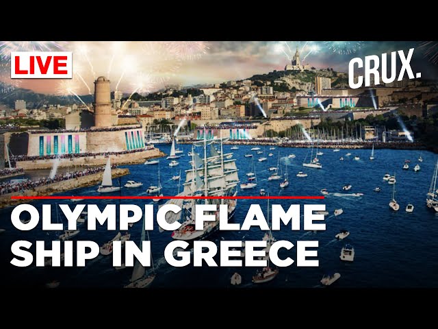 Historic French Ship Carrying The Flame For Paris 2024 Games Arrives At Greek Port Of Piraeus