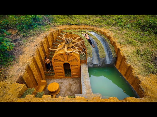 Unbelievable! Build Swimming Pool With Two Water Slide Around The Secret Underground House