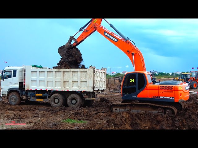 Moving Mud With Excavator Doosan Loading Into Truck Shacman