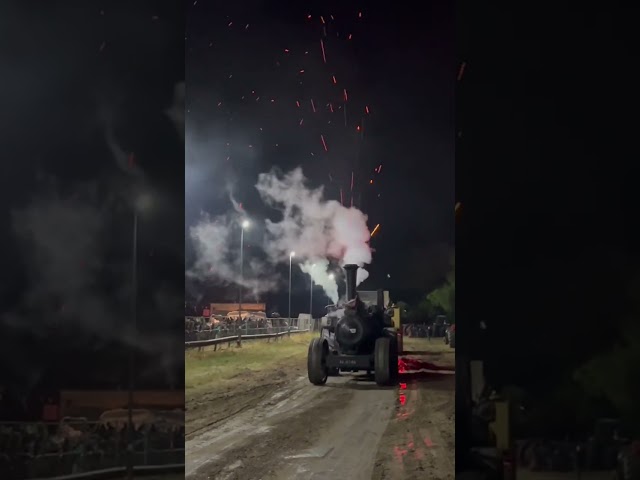 Fowler steam ploughing engine shooting sparks on the tractor pull at welland steam rally 2022