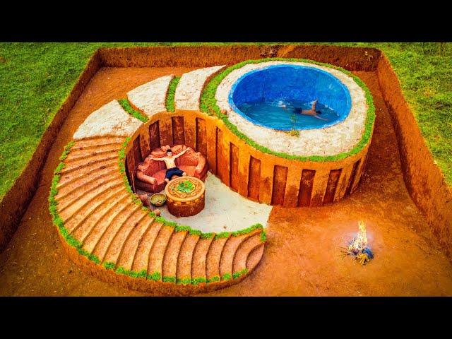 Summer Living 100Days in 1M Dollars Underground House Building Water Slide into Giant Swimming Pool