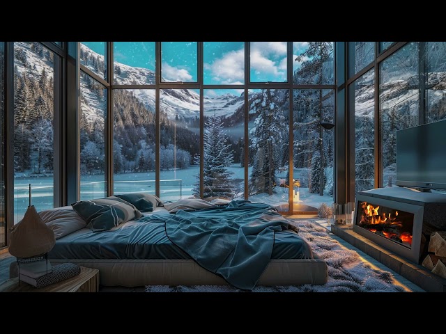 Winter Vibes and Snowy Wind Sound ASMR | Cozy Winter Fireplace Ambience | Enhanced Yoga and Exercise