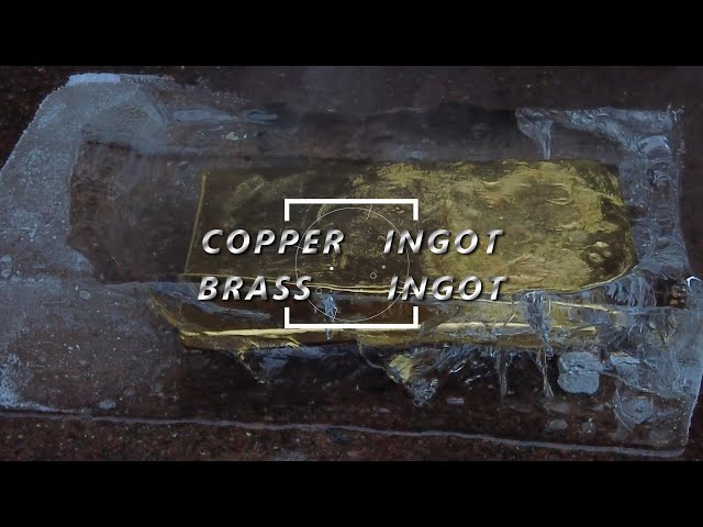 銅線から銅インゴット美しい金の延板を作り出す　1000℃のインゴットを氷で冷却　produce beautiful goldcolour plate from copper wire