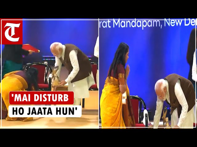 PM Modi’s quick reaction to youtuber Keerthika as she touches his feet at an award event in Delhi