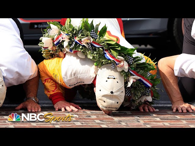Josef Newgarden kisses the bricks at Indianapolis after Indy 500 victory | Motorsports on NBC