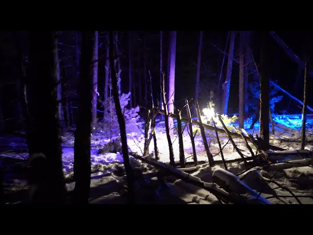Building a Bushcraft Winter Shelter in the Snow at Night [with my Daughters]