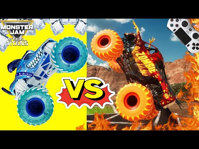 Monster Jam Steel Titans Fire and Ice vs Spin Master Monster Trucks Backflip Championship