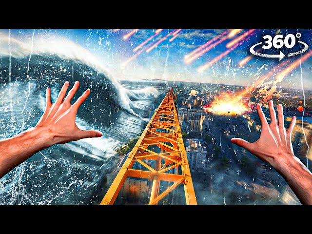 360° CRANE LIFT CRASH - TSUNAMI, FLOOD and METEOR RAIN 5k VR 360 video