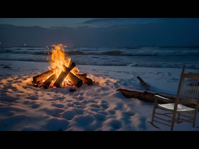 Whispering Waves & Glowing Campfire A Snowy Beach Serenade Relaxing 4K 8 Hours