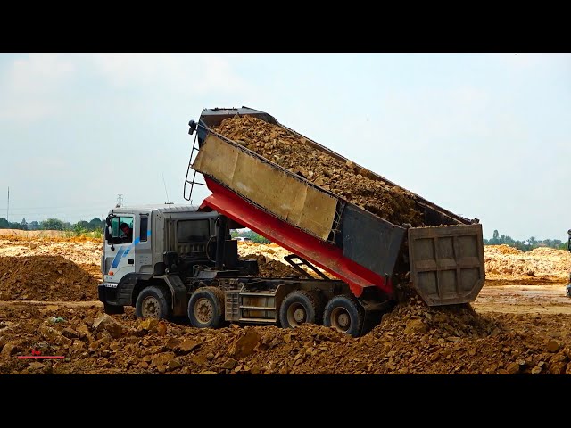 awesome work fast dumper truck with bulldozer soils pushing and unload