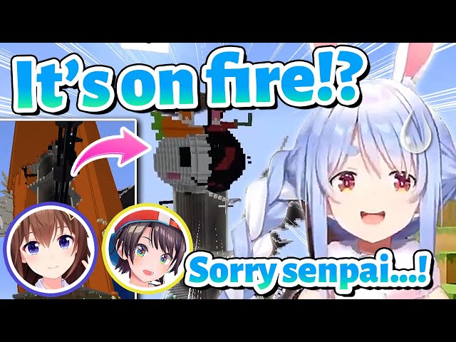 Pekora caught fire while trying to unveil her New Pekora Tower【Minecraft/Hololive Clip/EngSub】