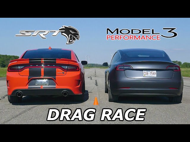 DRAG RACE - Dodge Charger SRT Hellcat vs Tesla Model 3 Performance // Throttle House Track Series