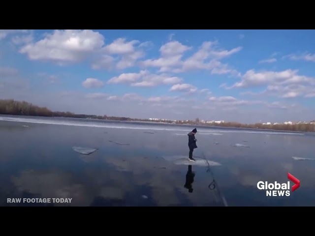 Fisherman uses rod and lure to rescue boy floating away on block of ice in Ukraine river