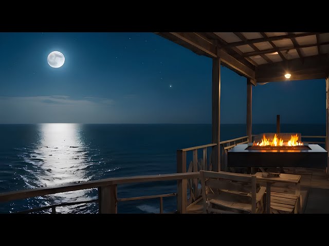 Moonlit Serenity A Cozy Fire on the Veranda by the Sea Relaxing 4K