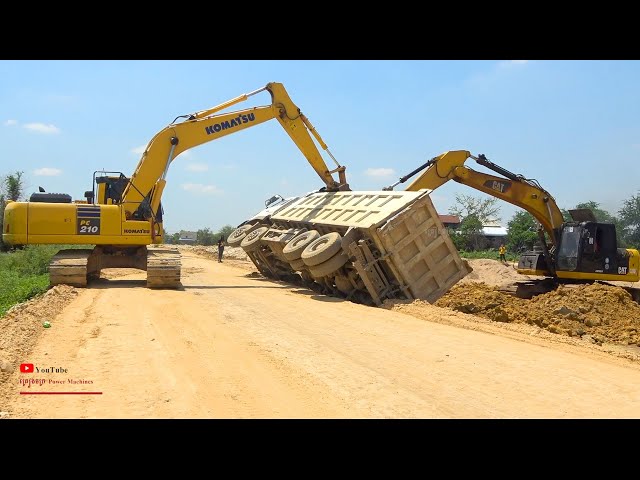 Incredible Dongfeng Truck Fail Overturned Helping Recovery Equipment Komatsu PC210 Caterpillar 320Dr