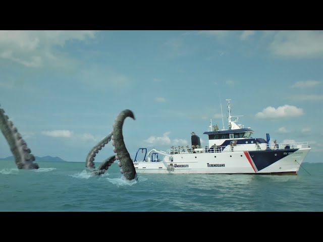 The mutated octopus attacks the ship, and the little octopus escapes!
